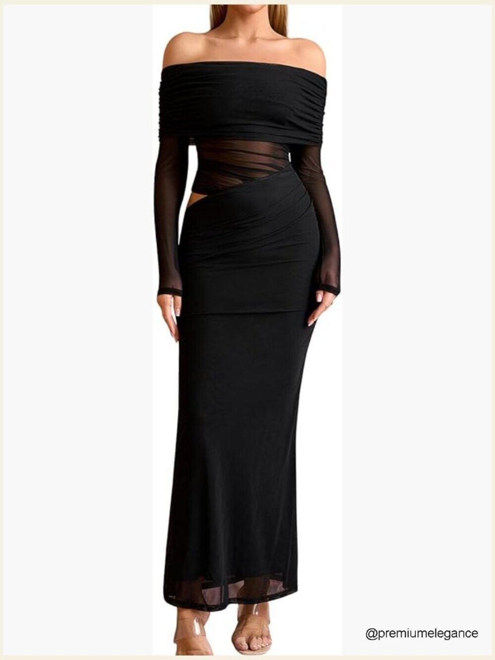 Off Shoulder Long Sleeve Maxi Dress Cutout Mesh Ruched Bodycon Formal Wedding
